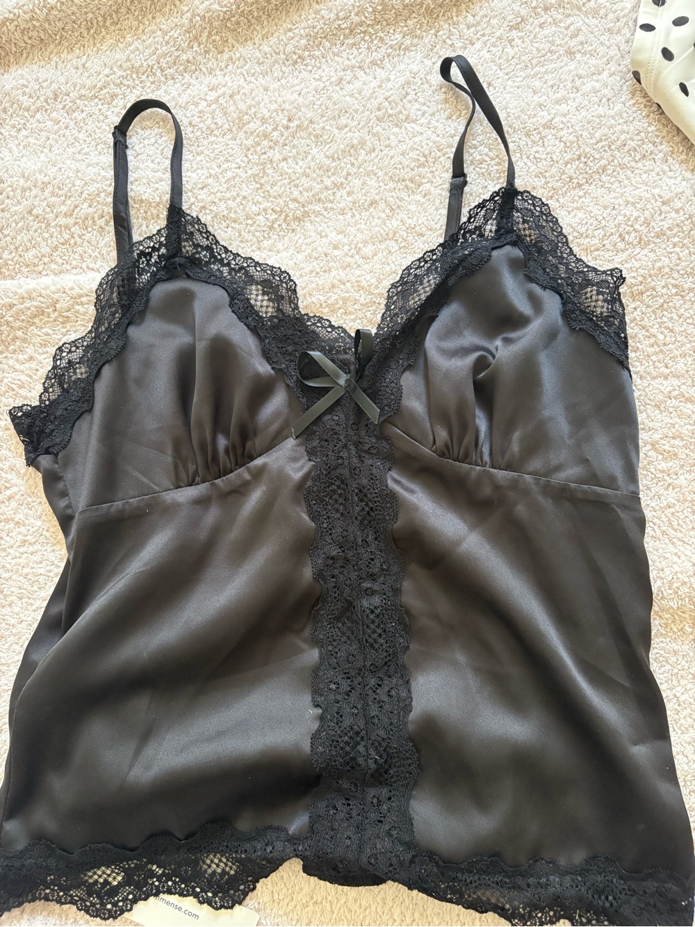 Commense Black Satin Lace Camisole with Bow Detail